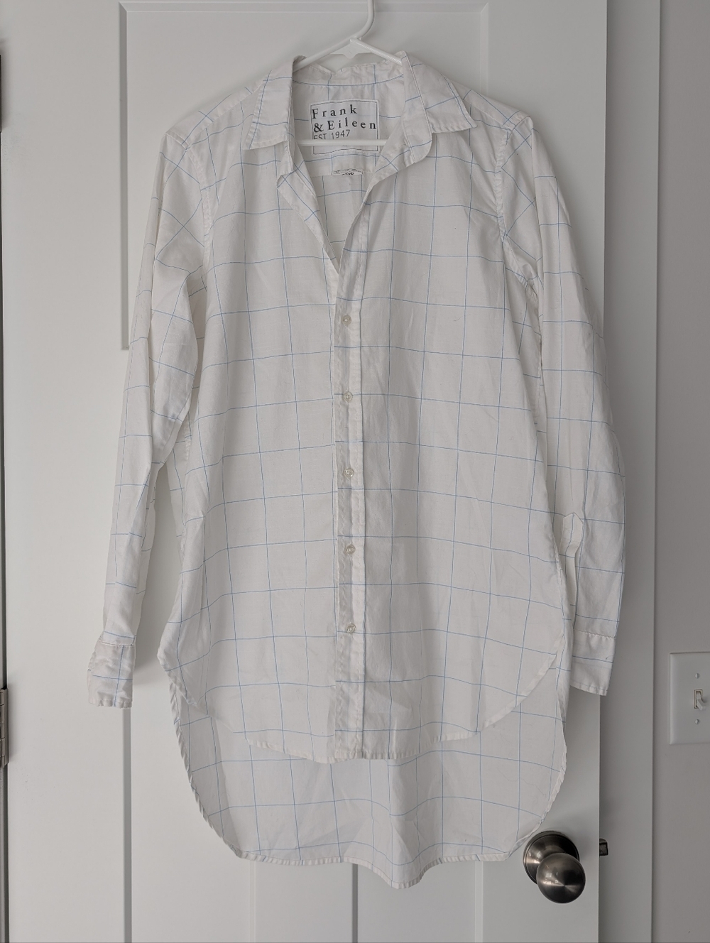 Frank & Eileen Grayson White Blue Windowpane High Low Tunic Shirt Size Large
